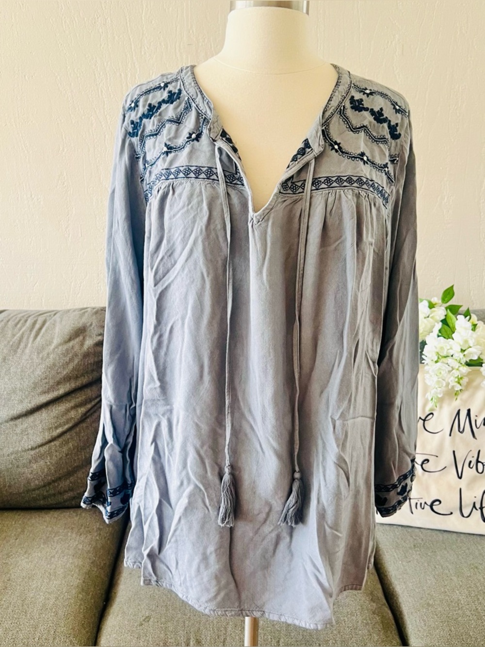 Chambray Boho Embroidered Peasant Blouse